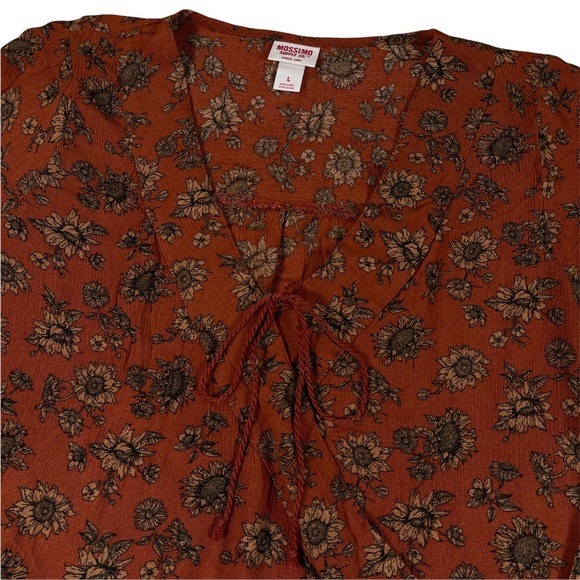 Mossimo size large rust/burnt orange floral Vneck long sleeve silky shirt - Picture 2 of 11
